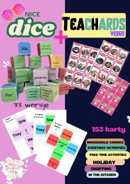 NICE DICE kostka gramatyczna + TeaChARDS VERBS karty - zestaw do ćwiczenia budowy zdań