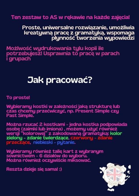 NICE DICE kostka gramatyczna + TeaChARDS VERBS karty - zestaw do ćwiczenia budowy zdań
