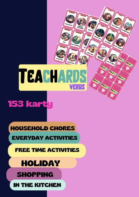 NICE DICE kostka gramatyczna + TeaChARDS VERBS karty - zestaw do ćwiczenia budowy zdań